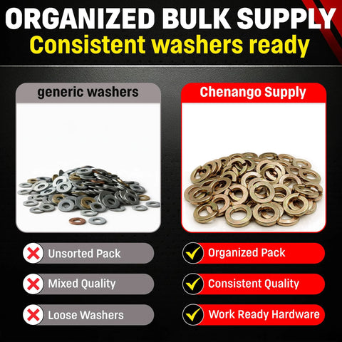 Split lock washers: left unsorted gray washers, right Chenango Supply 3/8 in yellow-zinc lock washers, 50 pcs.