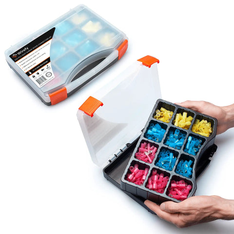 Must Have Pro Grade Heat Shrink Spade Connector Kit With 250 Pcs Quick Disconnect Terminals in open case with assorted colors