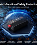Hella Reliable 2000W Power Inverter With Built In Automatic Transfer Switch and Utility Bypass shown with safety features on dark background.