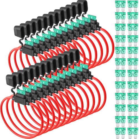 24 Pcs Workhorse Inline Fuse Holder Kit With Atc Blade Fuses 30 Amp Heavy Duty Tin Plated Copper Contacts Durable Rubber Caps on red wires.