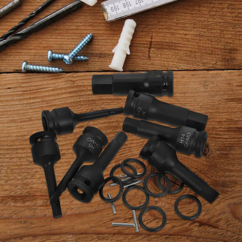 Shinypasing Heavy Duty Impact Socket Set 1/2 Drive Kit With Wrench Sleeve Adapter For Tough Jobs And Industrial Gear, Including Star Bits And Hex Sockets To Make Your Work Easy And Safe, black sockets on wood