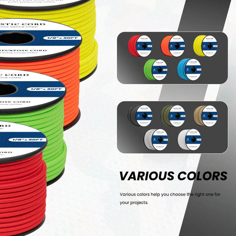 Heavy Duty Bungee Cord One Eighth Inch By 100 Feet Elastic Shock Rope in various colors for tarps, trailers, backpacks, and kayaks