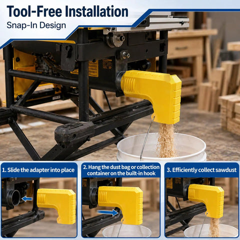 Universal Table Saw Dust Collector Adapter With 2.5 Inch Hose Gravity Powered Dust Collection System in use on table saw.