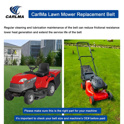 Riding lawn mower and push mower on grass with text about Set Of 2 Variable Speed Drive Belts For Lawn Tractors And Mowers 5/8 Inch