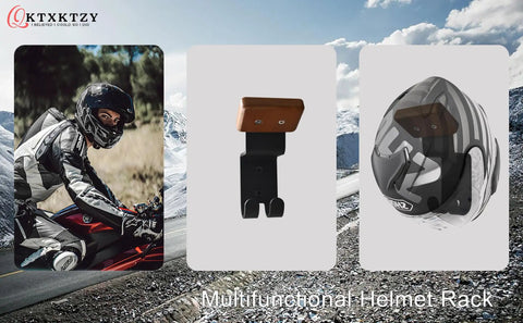 Heavy Duty Helmet Wall Mount Rack With Dual Key Hooks for Motorcycle Gear, solid wood and steel, depicted against a snow backdrop.