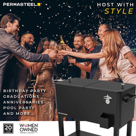 80 Quart Rolling Party Cooler With Divider And Removable Basin Includes Serving Tray Holds Up To 110 Cans Matte Black Ice Chest For Indoor And Outdoor Use Keeps Drinks Icy For Hours displayed at a celebration event