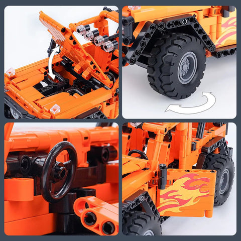 Detailed views of Remote And App Controlled Off Road Truck Building Kit with 740 Plus Pieces showing orange model tires and engine.