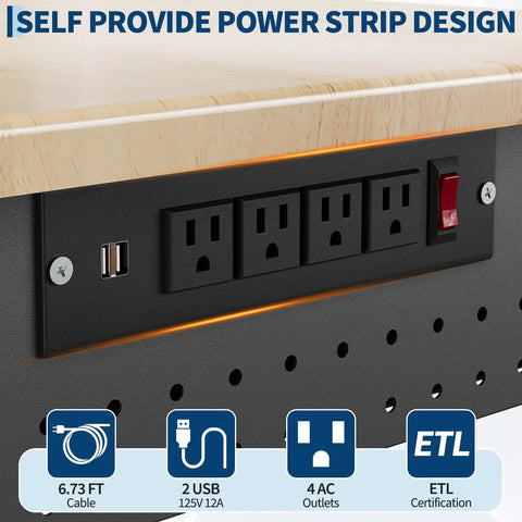 Power outlets on 48 inch adjustable rubberwood workbench with built in power outlets lockable casters heavy duty metal frame