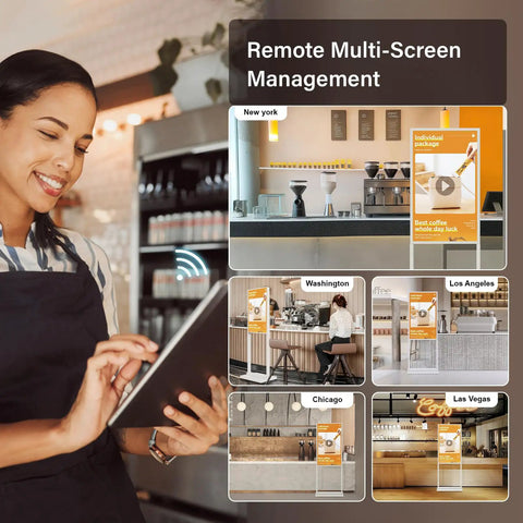Plug And Play Ready Top Shelf 55 Inch Double Sided Digital Signage Kiosk With 4K Ultra HD Display Designed For Busy Retail Stores And Restaurants Smooth Operation Guaranteed displayed in a bustling cafe.