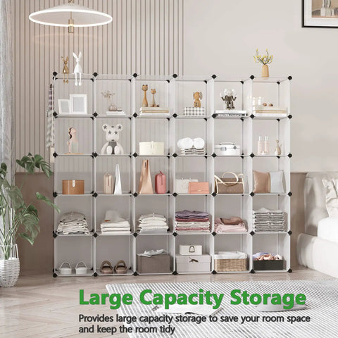 Modular Cube Storage Organizer 30 Cube Shelving Unit DIY Plastic Bookshelf Closet Cabinet For Bedroom Living Room And Office Transparent White 60.6 Inch Long By 12.4 Inch Wide By 72.6 Inch High Space Saving Display