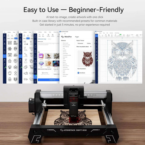 Atomstack Swift Mini laser engraver on desk; black, desktop unit with 135×145 mm work area.