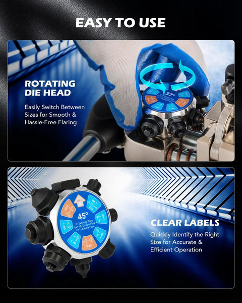 Orion Motor Tech brake line flaring tool kit with rotating die head and 45° & 37° flares; features clear size labels.