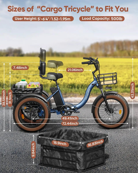 Alaskan Electric Tricycle For Adults With 48V 15Ah Rear Motor Three Wheel Cargo Trike With Large Basket 20 Inch 6061 Aluminum Folding Ebike Frame Blue Built For City Hauls And Weekend Adventures Plus Gift Pack Valued At 1500. Side view of blue cargo tricycle with rear basket and size measurements