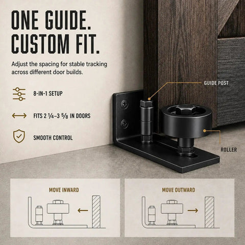 Rugged Barn Door Floor Guide With Fully Adjustable Sliding Track And Wall Mount Stabilizer For Slick Gliding Doors That Ride Steady And Roll Super Clean Through Everyday Grind, featuring a guide post and roller for smooth control.