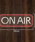 "On Air" neon sign on wooden background showing dimensions 16x6 inches, white text with red border, LED technology for efficient display.