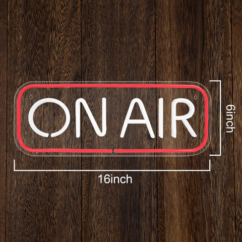 "On Air" neon sign on wooden background showing dimensions 16x6 inches, white text with red border, LED technology for efficient display.