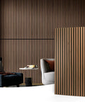 Premium Fluted Acoustic Wood Slat Wall Panels 2 Pack In Clean Walnut Tone on modern living room wall.