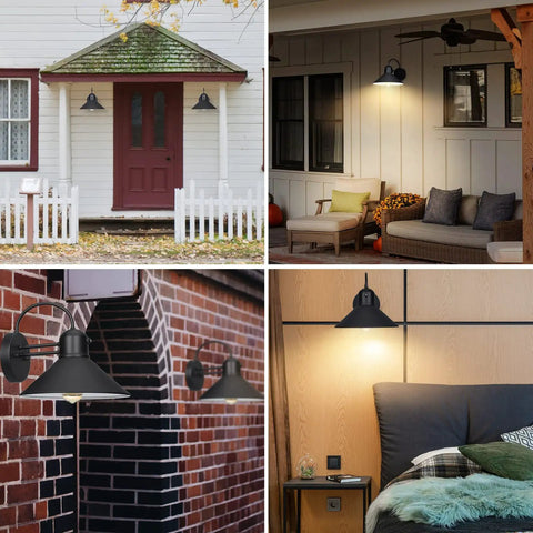 Collage of Dusk To Dawn Outdoor Wall Light With Gooseneck Barn Style Sconce on different houses and settings