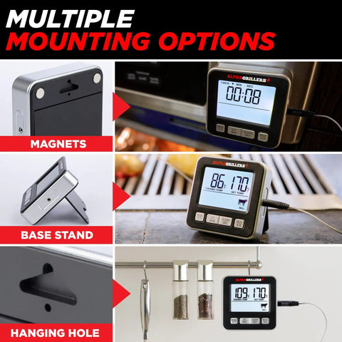 Digital Meat Thermometer For Grilling And Smoking With 7 Preset Temperature Alerts, Timer And Alarm, showing multiple mounting options