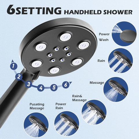 High Pressure Rain Shower Head With Handheld Spray Combo showing 6 settings including massage and power wash