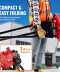 Person carrying a Tripod Pipe Stand With Chain Vise, Portable One Eighth To Six Inch Capacity, Foldable Steel Legs, Tool Tray