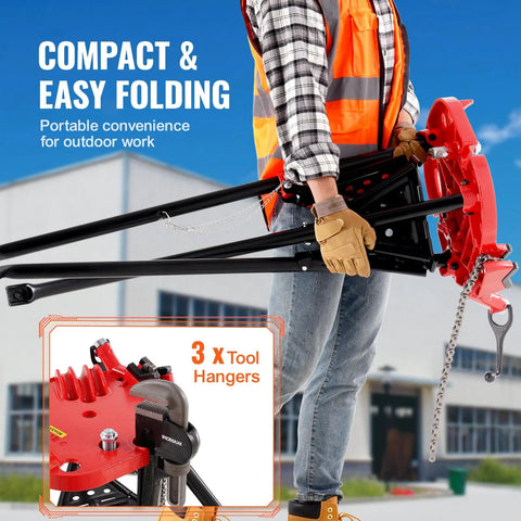 Person carrying a Tripod Pipe Stand With Chain Vise, Portable One Eighth To Six Inch Capacity, Foldable Steel Legs, Tool Tray