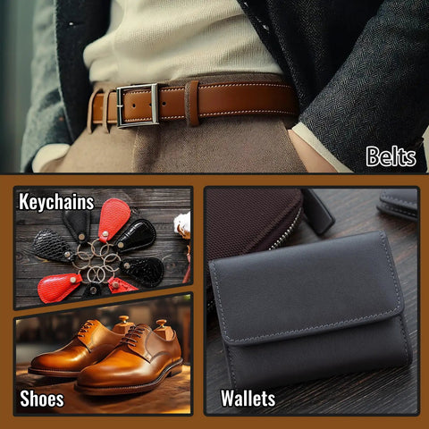 Leather Punch Set With 1/2/4/6 Prongs For Belts And Crafting text on image of belt, keychains, shoes, and wallets.