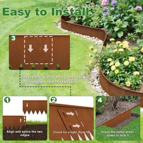 Cor Ten Weathering Steel Landscape Edging Kit 20 Ft 6 Pack With Gloves 10 Inch Rusted Border installation process and usage