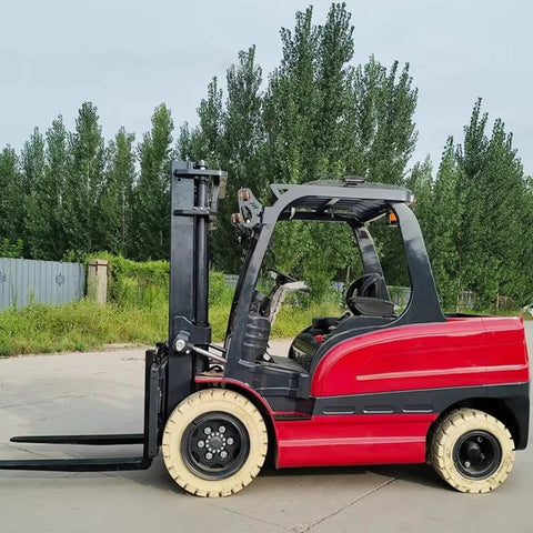 Portable Electric Forklift 4Way Mini Lift Truck With Adjustable Reinforced Forks Solid Tires Ergonomic Seat side view outdoors