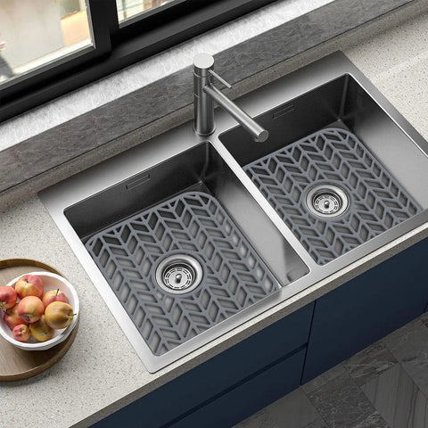 Silicone Sink Protector Mat for Kitchen Sink Grid With Raised Feet Non Slip Cushion Keeps Dishes Safe Like A Boss In Farmhouse Stainless Steel And Porcelain Sinks 26 By 14 Inch Gray; two mats in dual sinks