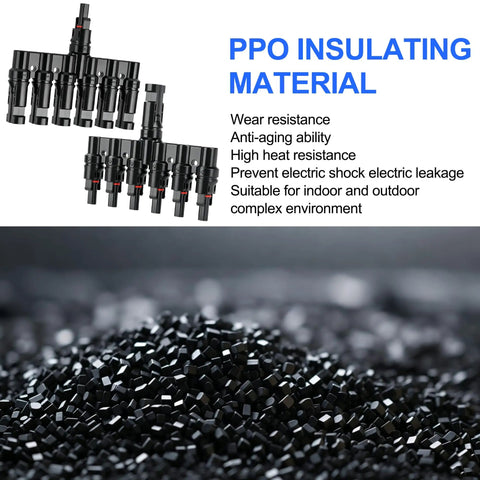 Built Like A Tank Solar Panel MC4 T Branch Connector 1 Male To 6 Female And 1 Female To 6 Male Plug And Play Wiring Harness IP67 Waterproof T Type Combiner 1 Pair with black PPO insulating material.