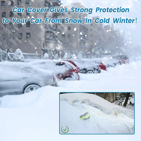 Waterproof SUV Car Cover for All Weather, UV Shield and Hail Protection on snow-covered vehicle in parking lot.