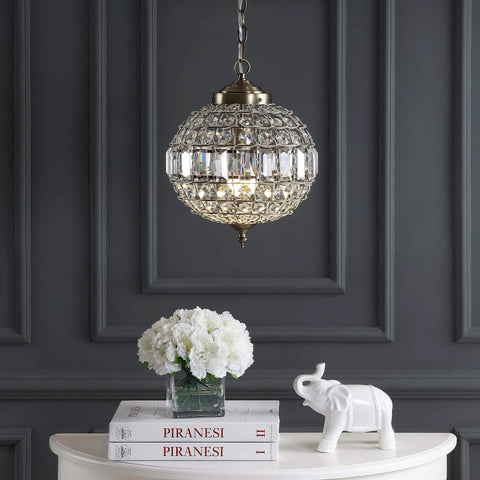 Antique Brass Crystal LED Pendant Light For Kitchen And Dining Room Glam Globe Chandelier With Clear Crystal Shade