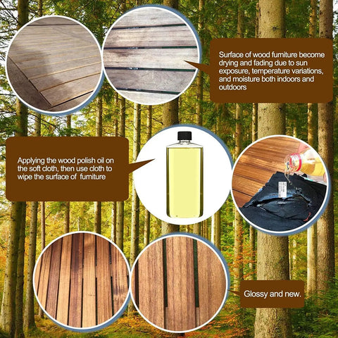 Application of wood polish on acacia wood furniture to restore gloss against sun and moisture damage in outdoor environment.