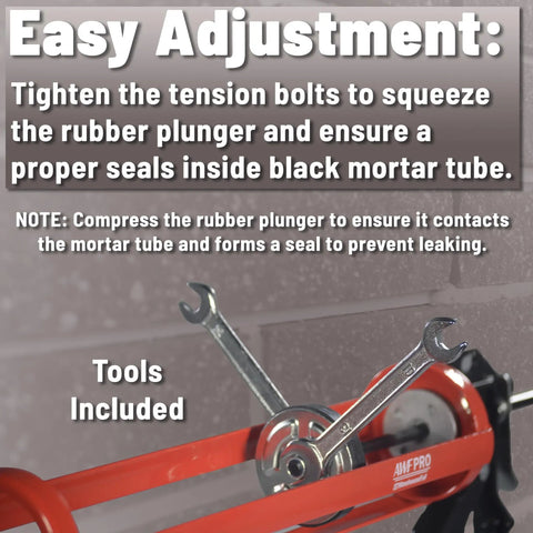 Easy adjustment with tools for Mortar Pointing Gun For Brick, Cement, Stone, And Tile Grout; demonstration of tension bolts.