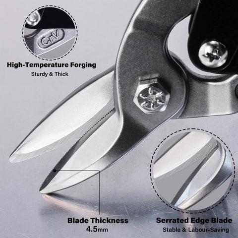 Close-up of Heavy Duty Aviation Tin Snips Set Pro Grade 3 Piece 10 Inch Sheet Metal Cutters With Serrated CR-V Steel Blades