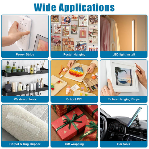 Wide applications of heavy duty double sided mounting tape for picture hanging, wall art, and more indoor uses, 43 mil thick, 9.85 ft long.