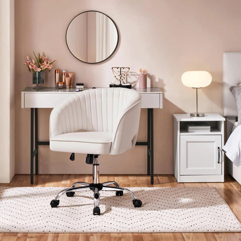 Cute Velvet Desk Chair With Wheels For Home Office Vanity And Study, Upholstered Swivel Armchair With Tufted Barrel Back In Cream