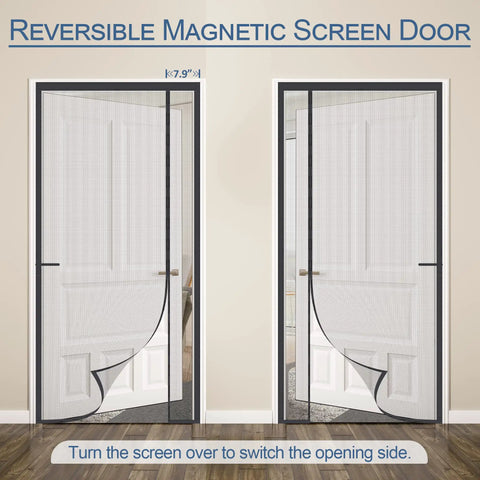 Heavy Duty Magnetic Screen Door With Reinforced 255g/m2 Mesh shown reversible for left or right opening on 36 x 96 inch doors.