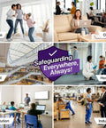 Collage showing uses of air filters in home, office, retail, hospital, institution, industrial settings with 'Safeguarding Everywhere, Always!' text