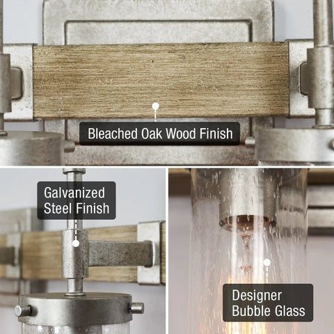 Close-up of Winslow 28 Inch 4 Light Farmhouse Vanity Light detailing bleached oak finish, galvanized steel accents, and seeded glass.