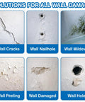 Image showing different types of wall damage: cracks, nailholes, mildew, peeling, damage, and holes for drywall repair solutions.