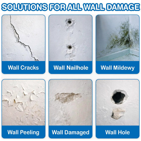 Image showing different types of wall damage: cracks, nailholes, mildew, peeling, damage, and holes for drywall repair solutions.