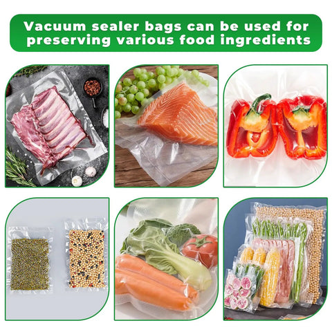 Vacuum Seal Bags Pack Of 50 6 By 10 Inch Textured Sealing Bags Commercial Grade BPA Free Heavy Duty For Food Storage Meal Prep And Sous Vide Cooking Must Have For Freezer Storage showcasing various sealed food items.