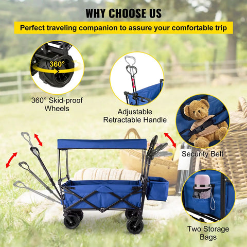 Heavy Duty Collapsible Wagon With Removable Canopy 220 Lb Capacity Foldable Beach Wagon features big wheels and secure seat straps