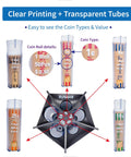 Ultimate 5 In 1 Coin Counter And Sorter Tube For US Coins From Pennies To Dollars shown with clear printing and transparent tubes