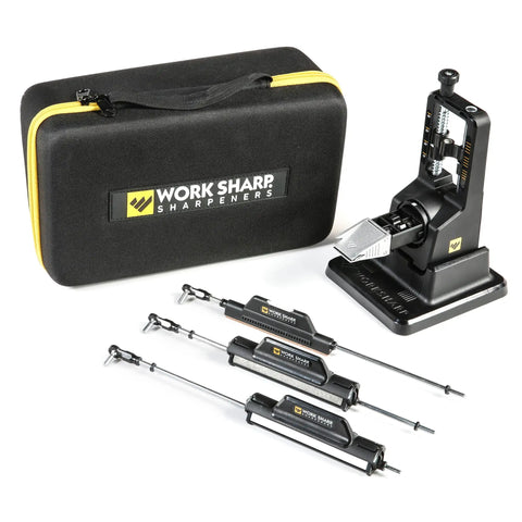 Pro Grade Precision Adjustable Knife Sharpener With 7 Abrasives Including Diamond And Ceramic Leather Strop Beefed Up 15 To 30 Degree Angles Built For Hunting Serrated And Kitchen Knives, showing sharpening device and carrying case.