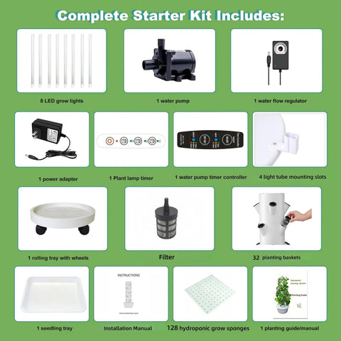 Image showing components of the All In One Vertical Hydroponic Garden Tower With LED Grow Lights, Eight Levels, Thirty-Two Large Pods, Eight Gallon Indoor Growing System For Veggies, Herbs And Tomatoes, Pump And Dual Timer Included.