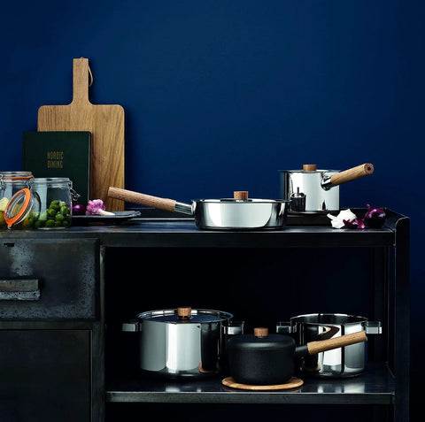 Kitchen setup with various pots and pans including 8 Inch Stainless Steel Saute Pan With Nonstick Slip-Let Coating Induction Compatible For Healthier Cooking Everyday No-Fuss Skillet Built For Searing Sauteing And Quick Meals