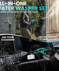 Man using Cordless Portable Washer 800 PSI With Brushless Motor, Six In One Nozzle for cleaning car and fence.